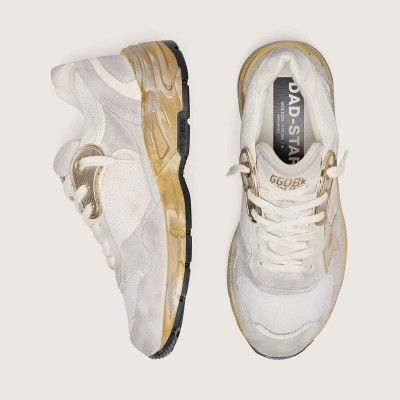 Golden Goose Dad-Star In Mesh And White Suede With Gold Foiled Star