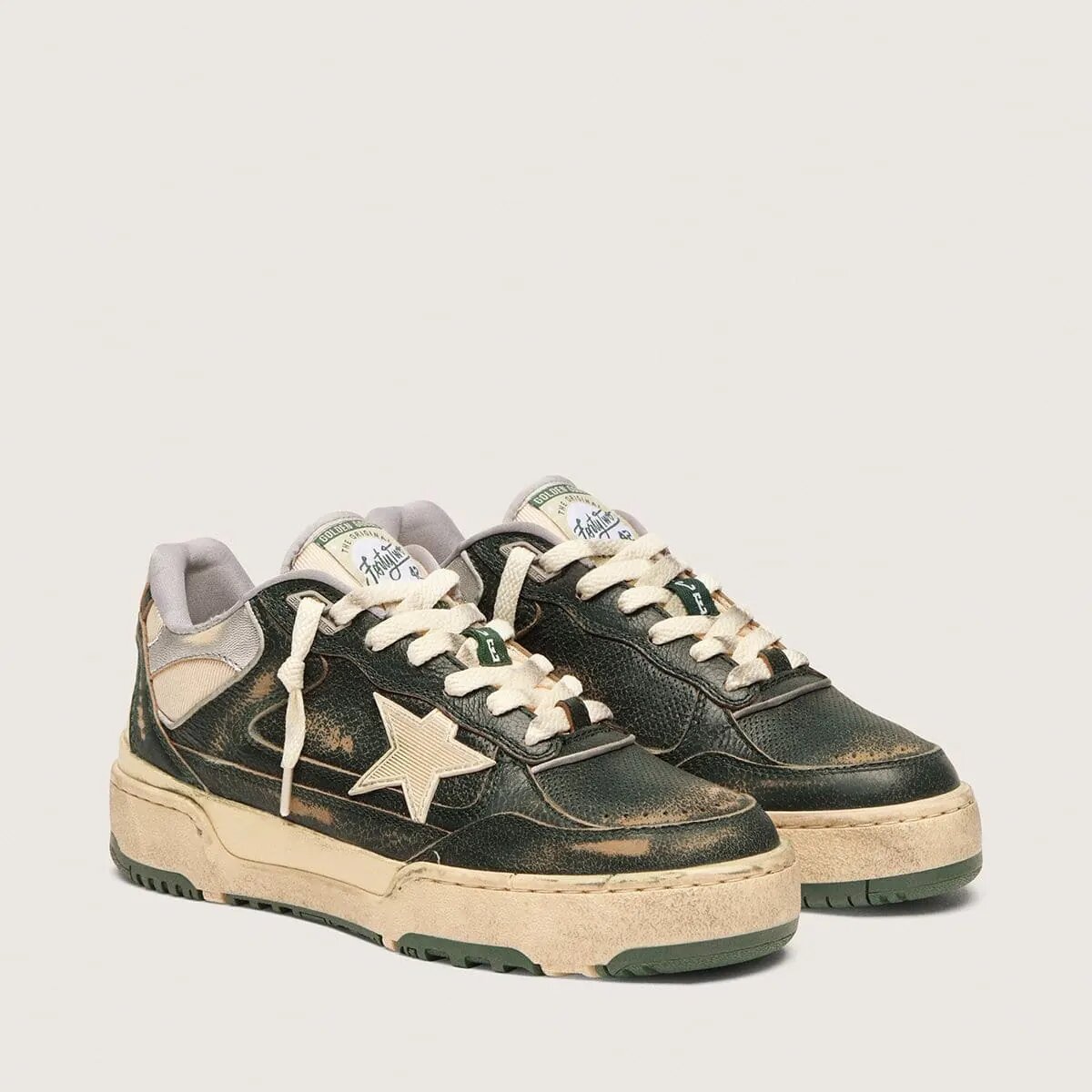 Golden Goose Forty2 In Green Leather And Cream Nylon With Tpu Star And Silver Leather Heel Tab Golden Goose Forty2 In Green Leather And Cream Nylon With Tpu Star And Silver Leather Heel Tab