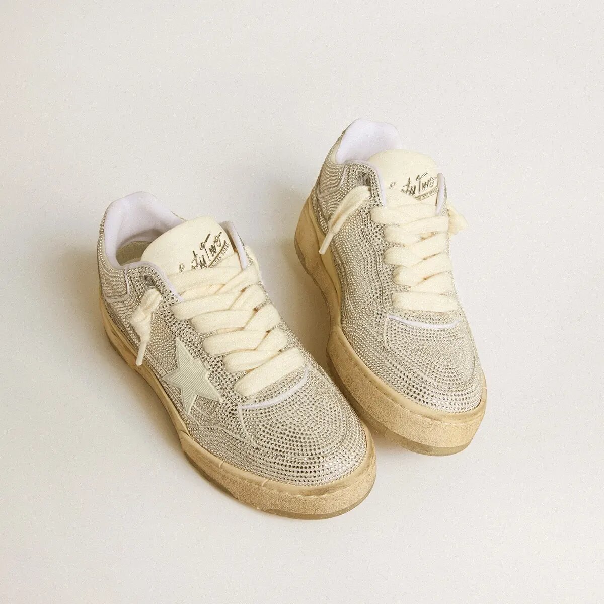 Golden Goose Forty2 In White Leather And Swarovski Crystals With White Star Golden Goose Forty2 In White Leather And Swarovski Crystals With White Star