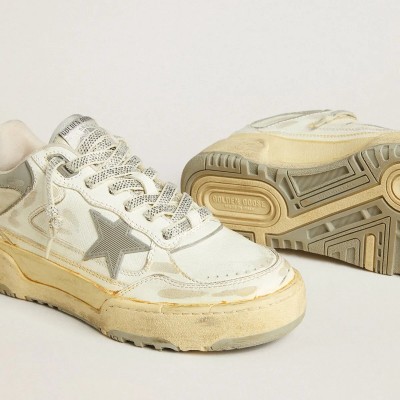 Golden Goose Forty2 In White Leather With Laces With Swarovski Crystals And Gray Tpu Star