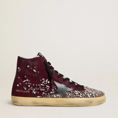 Golden Goose Francy Lab In Burgundy Suede With Glossy Black Leather Star And Rhinestones