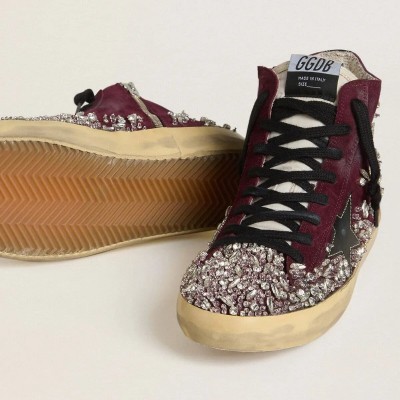 Golden Goose Francy Lab In Burgundy Suede With Glossy Black Leather Star And Rhinestones