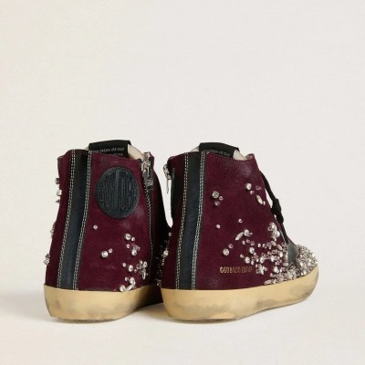 Golden Goose Francy Lab In Burgundy Suede With Glossy Black Leather Star And Rhinestones