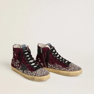 Golden Goose Francy Lab In Burgundy Suede With Glossy Black Leather Star And Rhinestones Golden Goose Francy Lab In Burgundy Suede With Glossy Black Leather Star And Rhinestones