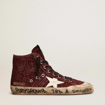 Golden Goose Francy Penstar In Burgundy Glitter With White Leather Star