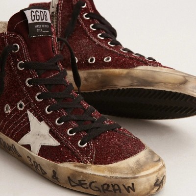 Golden Goose Francy Penstar In Burgundy Glitter With White Leather Star