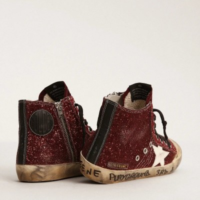Golden Goose Francy Penstar In Burgundy Glitter With White Leather Star