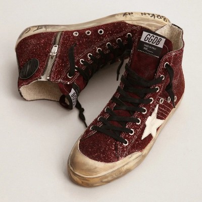 Golden Goose Francy Penstar In Burgundy Glitter With White Leather Star Golden Goose Francy Penstar In Burgundy Glitter With White Leather Star