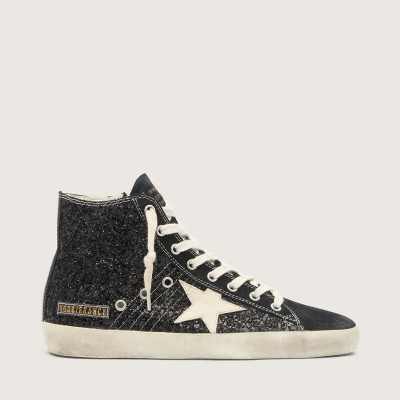 Golden Goose Francy Penstar In Glitter With Ivory Star And Black Heel Tab Golden Goose Francy Penstar In Glitter With Ivory Star And Black Heel Tab