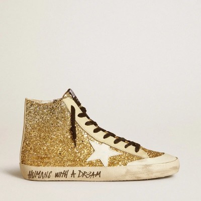 Golden Goose Francy Penstar In Gold Glitter With White Leather Star Golden Goose Francy Penstar In Gold Glitter With White Leather Star