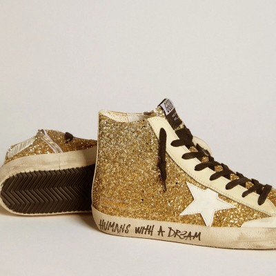 Golden Goose Francy Penstar In Gold Glitter With White Leather Star Golden Goose Francy Penstar In Gold Glitter With White Leather Star
