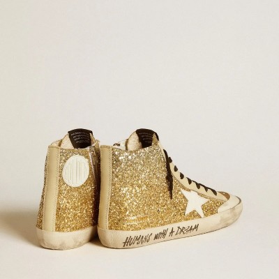 Golden Goose Francy Penstar In Gold Glitter With White Leather Star Golden Goose Francy Penstar In Gold Glitter With White Leather Star