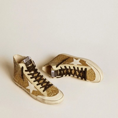 Golden Goose Francy Penstar In Gold Glitter With White Leather Star Golden Goose Francy Penstar In Gold Glitter With White Leather Star