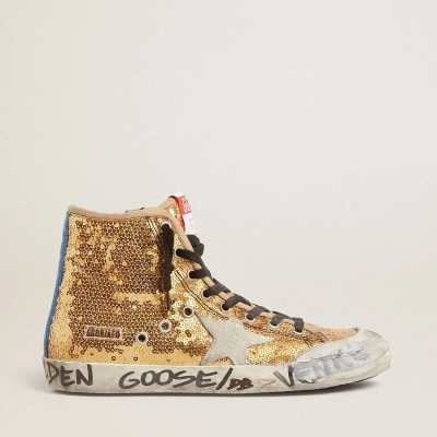 Golden Goose Francy Penstar In Gold Paiettes With Suede Star And Bright Blue Heel Tab Golden Goose Francy Penstar In Gold Paiettes With Suede Star And Bright Blue Heel Tab