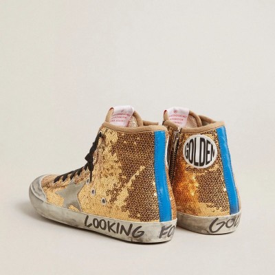 Golden Goose Francy Penstar In Gold Paiettes With Suede Star And Bright Blue Heel Tab Golden Goose Francy Penstar In Gold Paiettes With Suede Star And Bright Blue Heel Tab