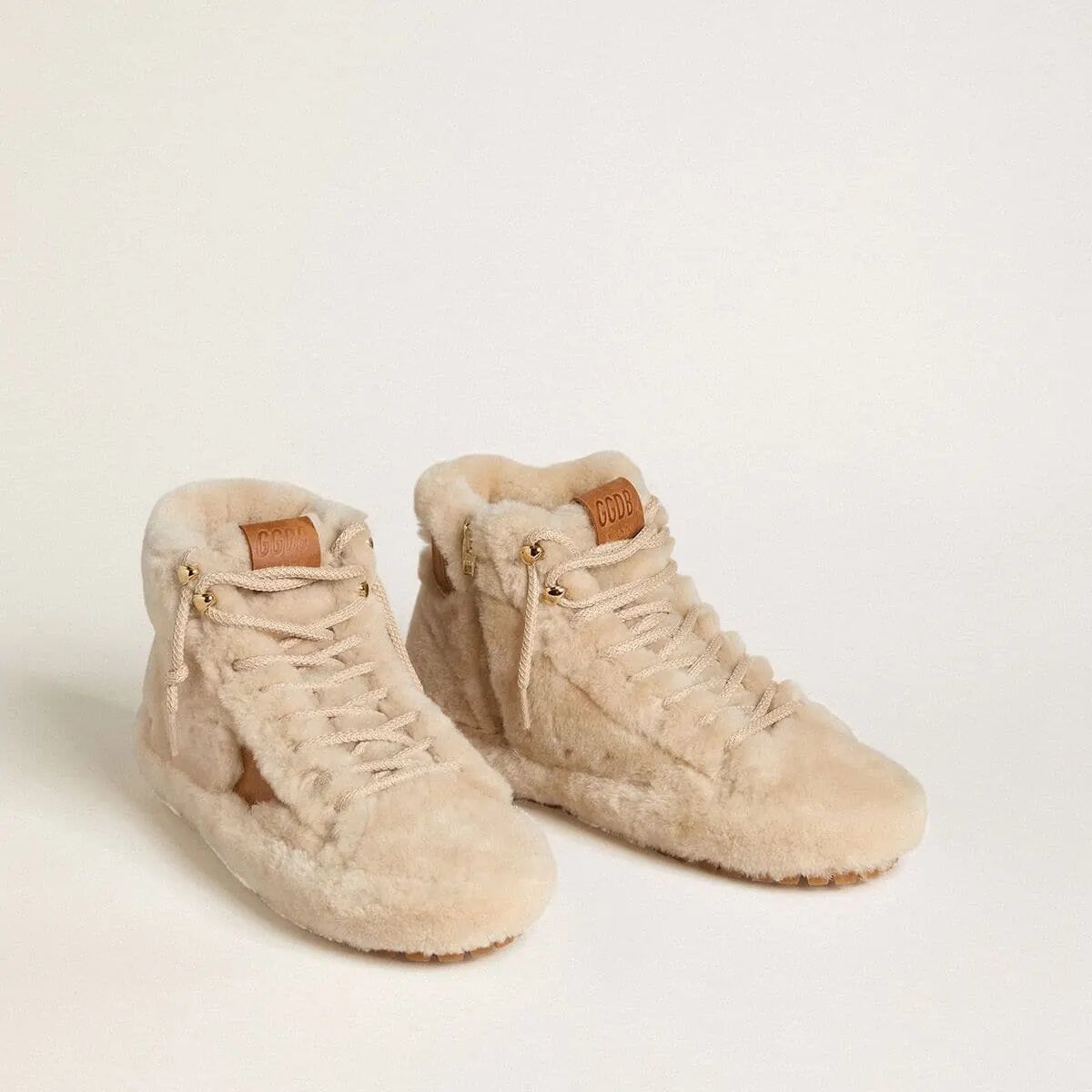 Golden Goose Francy In Beige Shearling With Brown Leather Star Golden Goose Francy In Beige Shearling With Brown Leather Star