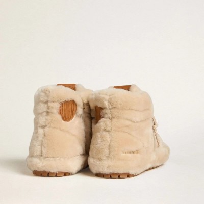 Golden Goose Francy In Beige Shearling With Brown Leather Star Golden Goose Francy In Beige Shearling With Brown Leather Star