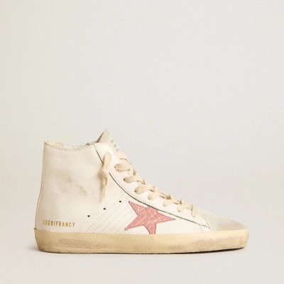 Golden Goose Francy In Cream Nappa With Pink Crocodile-Print Leather Star