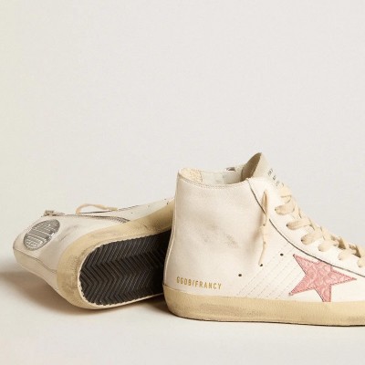 Golden Goose Francy In Cream Nappa With Pink Crocodile-Print Leather Star