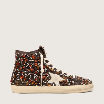 Golden Goose Francy In Dark Brown Leather With Multicolor Rhinestones And White Suede Star Golden Goose Francy In Dark Brown Leather With Multicolor Rhinestones And White Suede Star