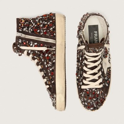 Golden Goose Francy In Dark Brown Leather With Multicolor Rhinestones And White Suede Star Golden Goose Francy In Dark Brown Leather With Multicolor Rhinestones And White Suede Star