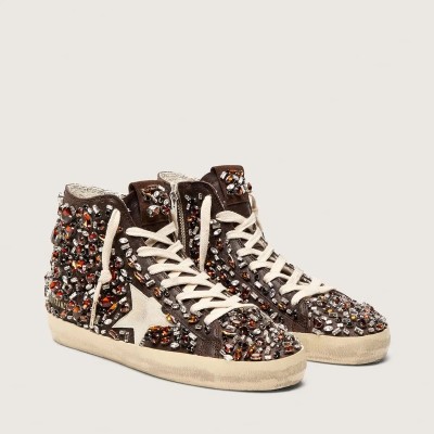 Golden Goose Francy In Dark Brown Leather With Multicolor Rhinestones And White Suede Star Golden Goose Francy In Dark Brown Leather With Multicolor Rhinestones And White Suede Star