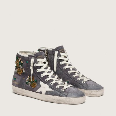 Golden Goose Francy In Dark Gray Suede With White Star And Beads And Crystals Golden Goose Francy In Dark Gray Suede With White Star And Beads And Crystals