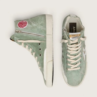 Golden Goose Francy In Green Suede With Silver Metallic Leather Star