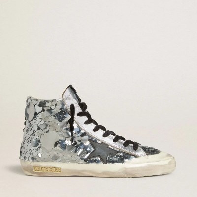Golden Goose Francy In Nylon With All-Over Silver Sequins And Black Leather Star