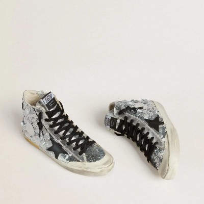 Golden Goose Francy In Nylon With All-Over Silver Sequins And Black Leather Star Golden Goose Francy In Nylon With All-Over Silver Sequins And Black Leather Star