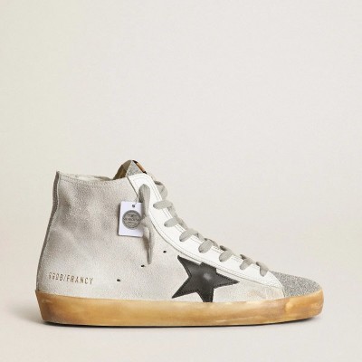 Golden Goose Francy In White Suede With Black Leather Star And Silver Swarovski Crystal Tongue