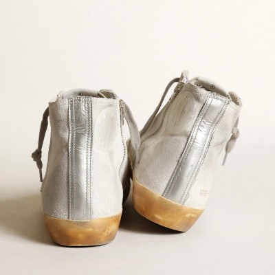 Golden Goose Francy In White Suede With Black Leather Star And Silver Swarovski Crystal Tongue