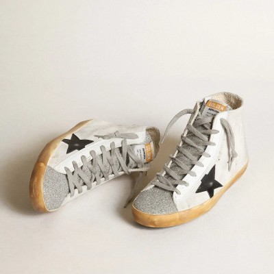 Golden Goose Francy In White Suede With Black Leather Star And Silver Swarovski Crystal Tongue Golden Goose Francy In White Suede With Black Leather Star And Silver Swarovski Crystal Tongue