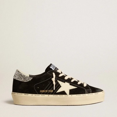 Golden Goose Hi Star In Black Leather With Silver Glitter Heel Tab Golden Goose Hi Star In Black Leather With Silver Glitter Heel Tab