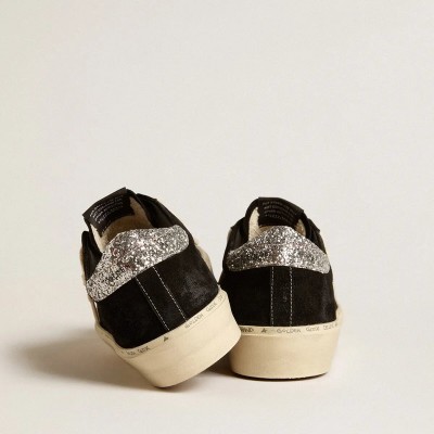 Golden Goose Hi Star In Black Leather With Silver Glitter Heel Tab Golden Goose Hi Star In Black Leather With Silver Glitter Heel Tab
