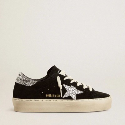 Golden Goose Hi Star In Black Suede With Silver Glitter Star Golden Goose Hi Star In Black Suede With Silver Glitter Star