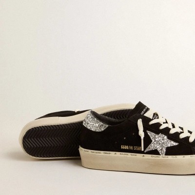 Golden Goose Hi Star In Black Suede With Silver Glitter Star Golden Goose Hi Star In Black Suede With Silver Glitter Star