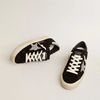 Golden Goose Hi Star In Black Suede With Silver Glitter Star Golden Goose Hi Star In Black Suede With Silver Glitter Star
