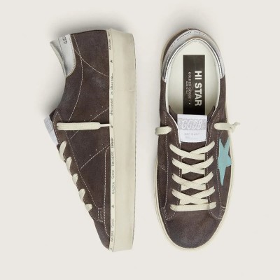 Golden Goose Hi Star In Dark Gray Suede With Aqua-Green Star Golden Goose Hi Star In Dark Gray Suede With Aqua-Green Star