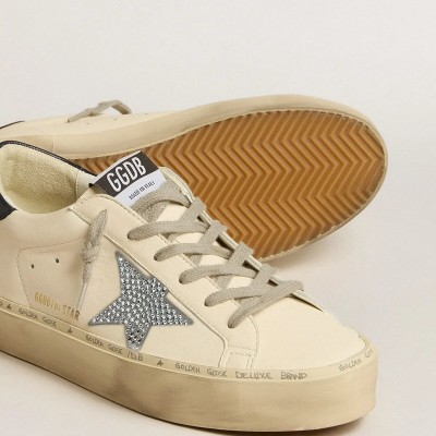 Golden Goose Hi Star In Nappa With Swarovski Crystal Star And Dark Blue Leather Heel Tab