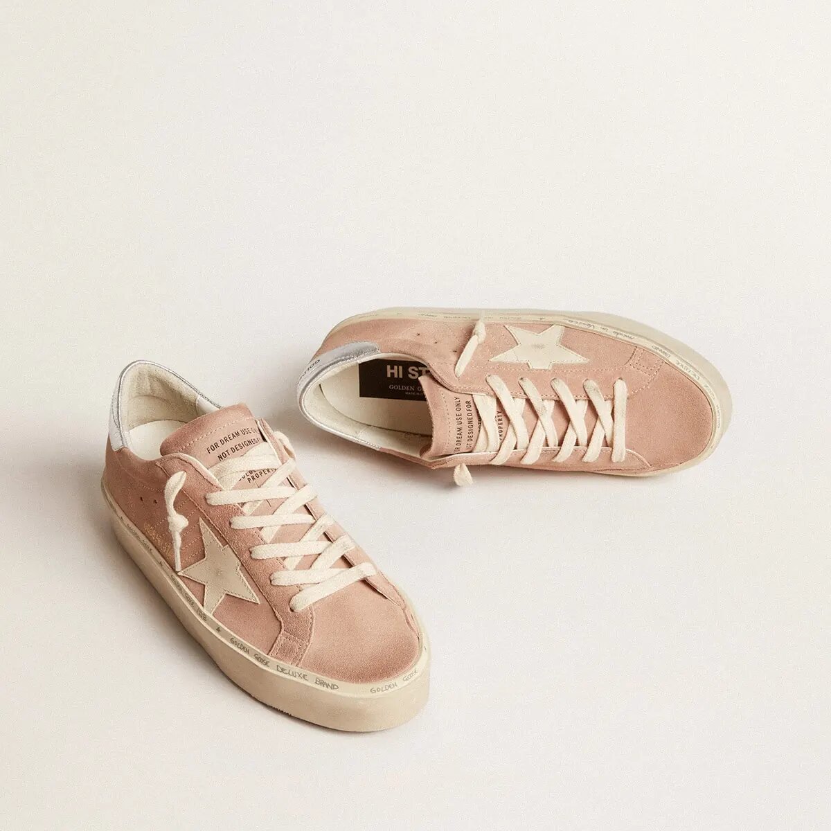Golden Goose Hi Star In Pink Suede With Cream Star And Silver Leather Heel Tab Golden Goose Hi Star In Pink Suede With Cream Star And Silver Leather Heel Tab