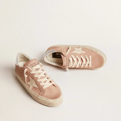 Golden Goose Hi Star In Pink Suede With Cream Star And Silver Leather Heel Tab Golden Goose Hi Star In Pink Suede With Cream Star And Silver Leather Heel Tab