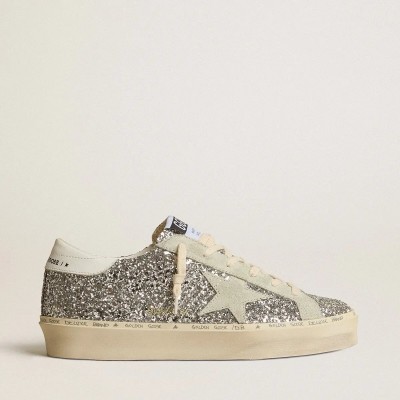 Golden Goose Hi Star In Silver Glitter With Suede Star And White Heel Tab Golden Goose Hi Star In Silver Glitter With Suede Star And White Heel Tab