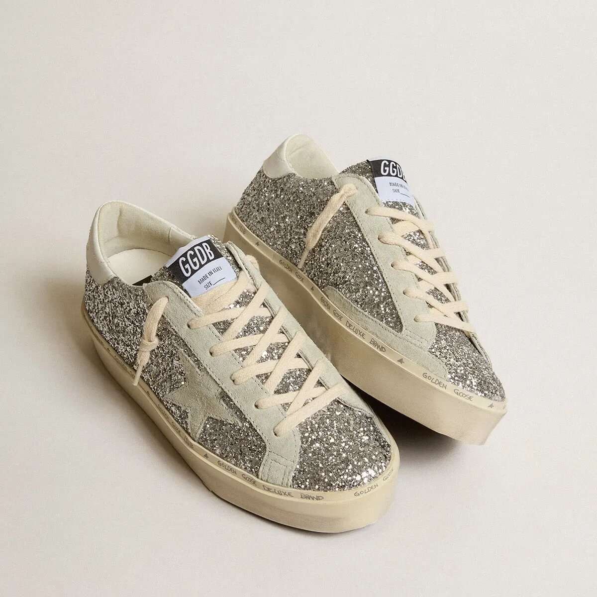 Golden Goose Hi Star In Silver Glitter With Suede Star And White Heel Tab Golden Goose Hi Star In Silver Glitter With Suede Star And White Heel Tab