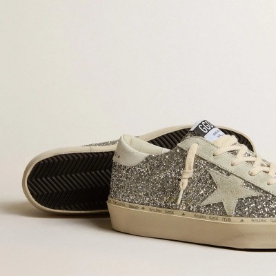 Golden Goose Hi Star In Silver Glitter With Suede Star And White Heel Tab Golden Goose Hi Star In Silver Glitter With Suede Star And White Heel Tab