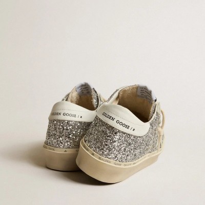 Golden Goose Hi Star In Silver Glitter With Suede Star And White Heel Tab Golden Goose Hi Star In Silver Glitter With Suede Star And White Heel Tab
