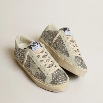 Golden Goose Hi Star In Silver Glitter With Suede Star And White Heel Tab Golden Goose Hi Star In Silver Glitter With Suede Star And White Heel Tab