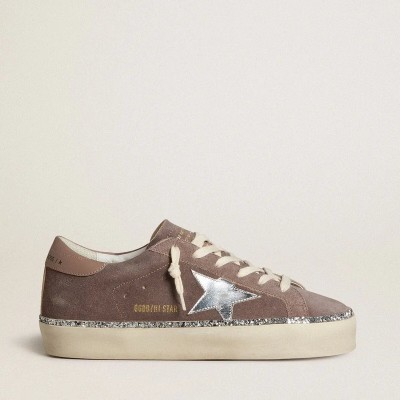 Golden Goose Hi Star In Suede With Silver Leather Star And Leather Heel Tab Golden Goose Hi Star In Suede With Silver Leather Star And Leather Heel Tab