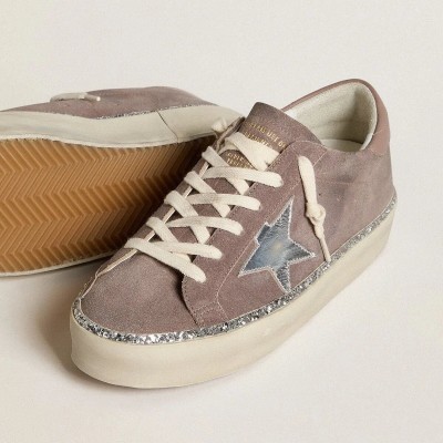 Golden Goose Hi Star In Suede With Silver Leather Star And Leather Heel Tab Golden Goose Hi Star In Suede With Silver Leather Star And Leather Heel Tab
