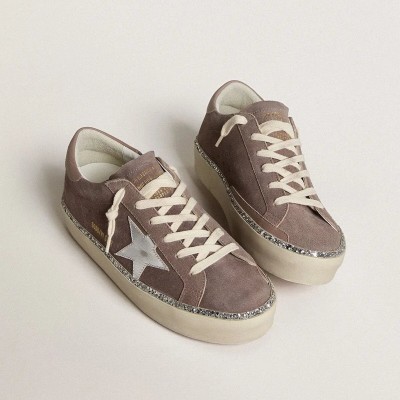 Golden Goose Hi Star In Suede With Silver Leather Star And Leather Heel Tab Golden Goose Hi Star In Suede With Silver Leather Star And Leather Heel Tab